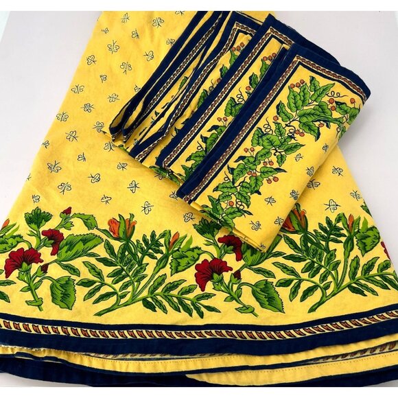 Williams Sonoma Other - Williams Sonoma Round Yellow Floral Butterfly Provence Tablecloth 4 Napkins